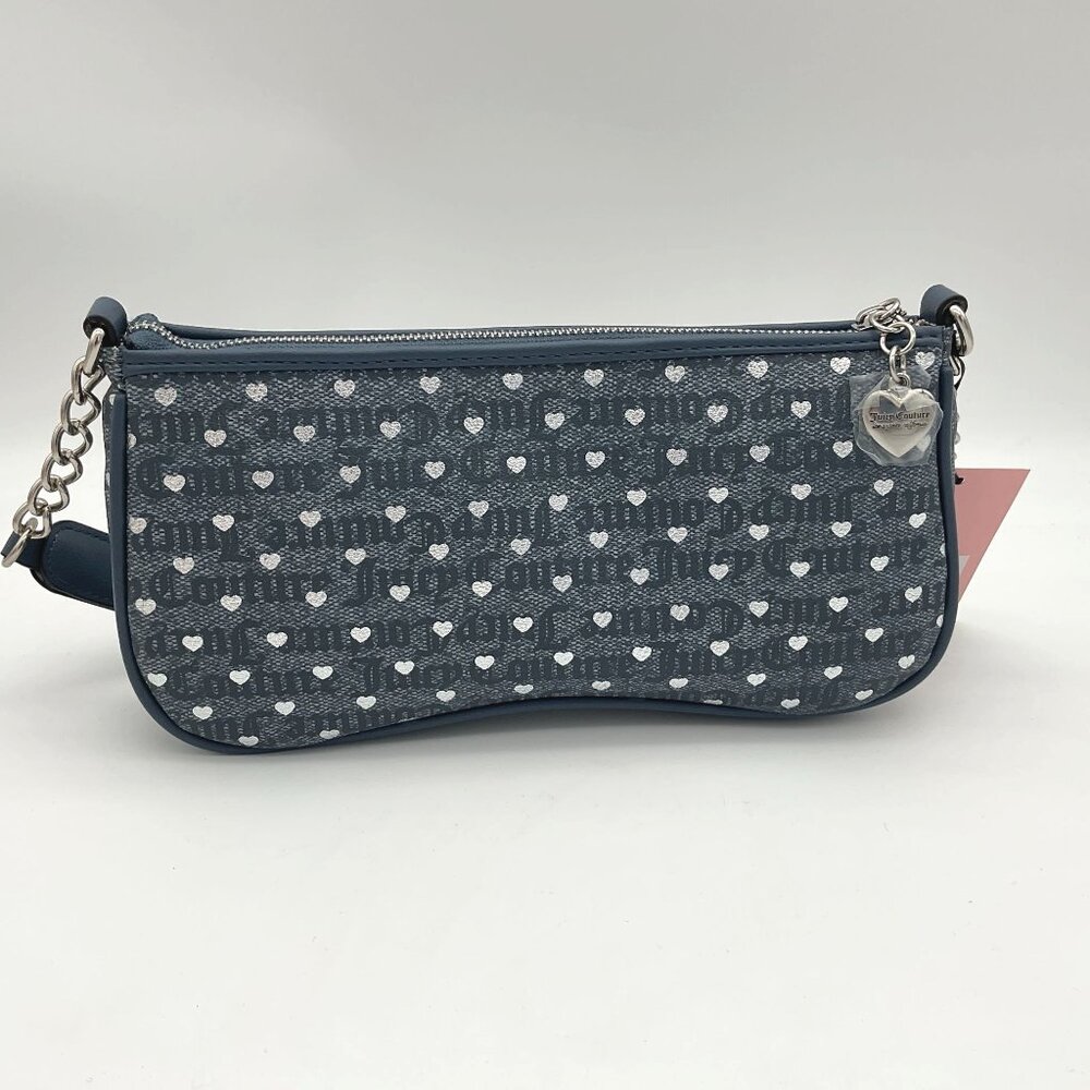 Juicy Couture Poker Face Denim Silver Shoulder Bag LOGO and Hearts Pattern NWT - Picture 4 of 8